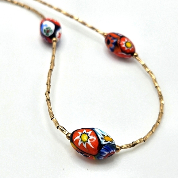 VINTAGE Italian Venetian Murano Millefiori Glass Bead Gold Filled Necklace - Picture 3 of 8